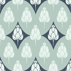 Vector Water Lily Bud Field with Magical Rhombus seamless pattern background.