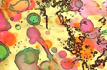 Vintage watercolor splashes on old paper. Cartoon colorful style design artwork. Creative artistic texture and wallpaper.