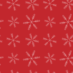 Christmas and New year seamless pattern. White snowflakes at the red background. Usable for greeting cards, wrapping paper, banners, posters. Vector illustration 