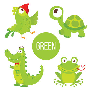 Green Animals. Cute Characters for education card. Childish Stickers