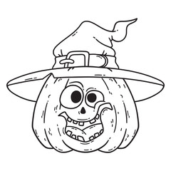 Halloween smiling pumpkin with witch hat.