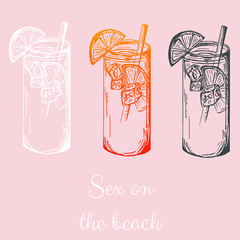 Sex on the beach popular cocktail vector sketch.