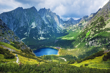 Naklejka na ściany i meble Poprad lake( Popradske pleso) famous and very popular destination in High Tatras national park, Slovakia