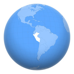 Peru on the globe. Earth centered at the location of the Republic of Peru. Map of Peru. Includes layer with capital cities.