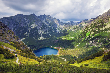 Fototapeta na wymiar Poprad lake( Popradske pleso) famous and very popular destination in High Tatras national park, Slovakia