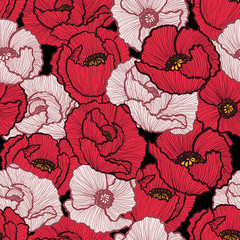 Red Poppy flower seamless pattern. Hand-drawn Poppies vector illustration