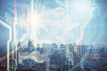 Map and data theme hologram on city view with skyscrapers background double exposure. International technology in business concept.
