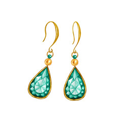 Beautiful jewelry set. Watercolor drawing Golden earrings with crystals on white background. Green emerald drop crystal.