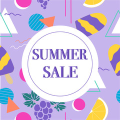 Fototapeta premium Summer sale banner with lemon ice cream and memphis elements. Vector banner