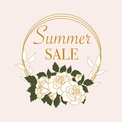 Elegant Summer sale banner with bold beautiful roses. Vector elements. Creative round banner