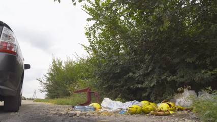 The driver throw garbage on the side of the road 