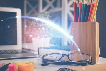 Social network theme drawing with glasses on the table background. Concept of people media...