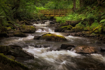 The bridge and rocky river bed at Melincourt Brook in Resolven, South Wales, UK