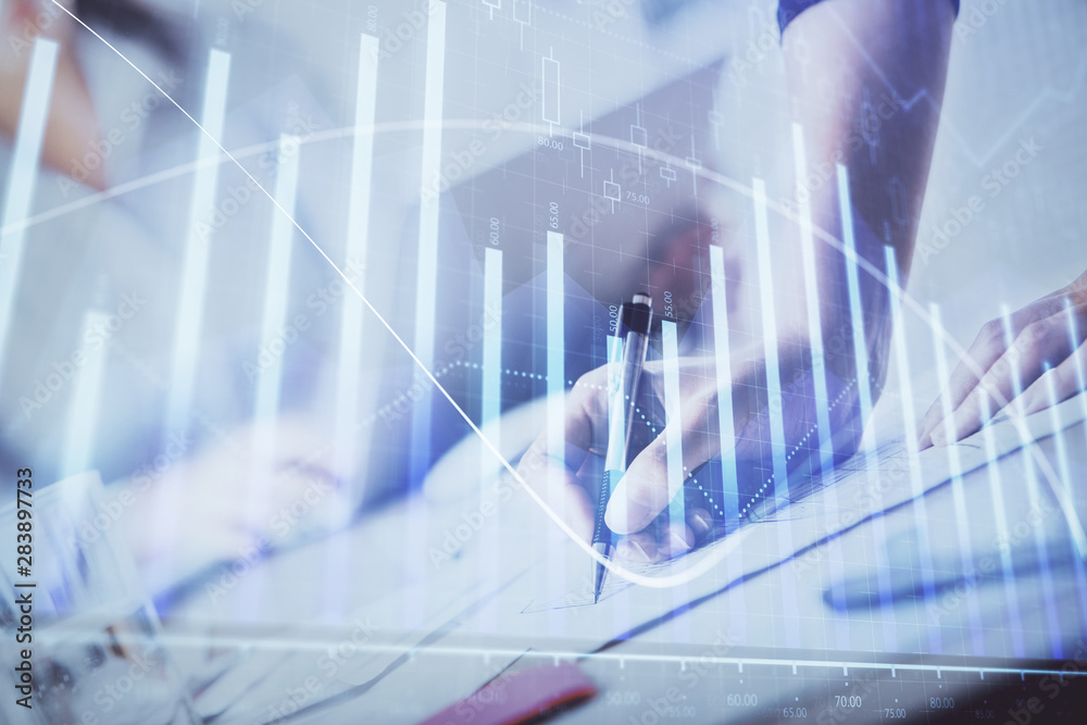 Poster a woman hands writing information about stock market in notepad. forex chart holograms in front. con