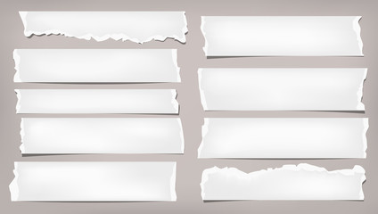 Set of torn white note, notebook blank paper pieces stuck on brown background. Vector illustration