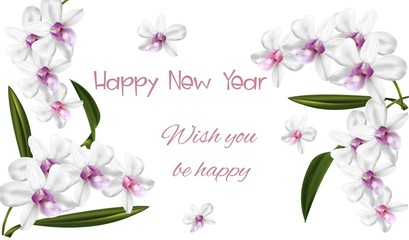 invitation, ornate, bouquet, Happy New Year 2020 .Vector greeting illustration with white orchid flower - Vector