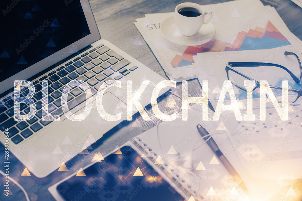 Poster Double exposure of blockchain and crypto economy theme hologram and table with computer background. Concept of bitcoin cryptocurrency.