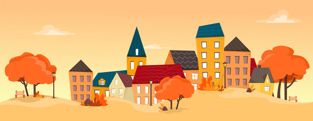 Autumn city background. Vector illustration in cartoon flat style. Tiny houses.  © EkaterinaGr