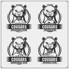 Volleyball, basketball, soccer and football logos and labels. Sport club emblems with cougars. Print design for t-shirts.