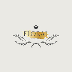 Hand drawn watercolor gold floral and crown luxury royal logo illustration template vector