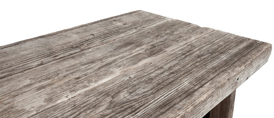 Perspective view of old wood or wooden table corner on white background including clipping path