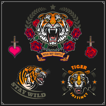 Emblems with angry tigers. Hearts, roses and wild tigers. Tattoo, beauty salon and sport club logos. Print design for t-shirt.