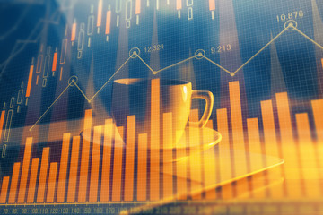 Double exposure of forex chart and work space with computer. Concept of international online trading.