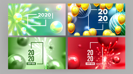 Celebrating Happy New Year Invite Banner Vector. Colorful Glossy Drops, Balls, Shapes And Words With Frame Decorated Fireworks On New Year Greeting-card Annonce. Horizontal Poster 3d Illustration