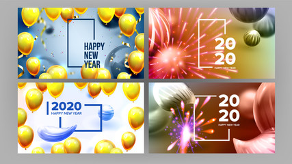 Beautiful Invitation Card Celebrating 2020 . Realistic Bright Fireworks, Sphere And White 2020 Two Thousand Twenty Frame Invite On Party. Stylish Colorful Horizontal Postcard 3d Illustration