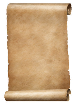 Old brown parchment king's order scroll isolated on white