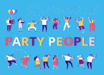 Party people. Flat vector character set. People dancing and have fun.  Birthday party, celebration, event. Friendship. Couples.  Men and women enjoying dance party isolated on white.	