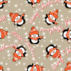 Christmas happy  baby penguin  seamless pattern with merry Christmas text and snowflakes