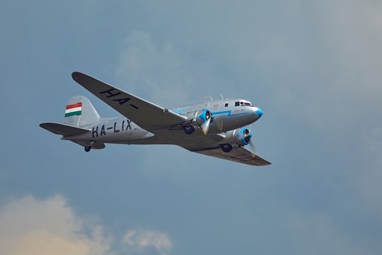 BUDAPEST, HUNGARY - MAY 1, 2014: Li-2 aircraft flying over Budapest. This aircraft is 65 years old, Soviet version of the legendary DC-3