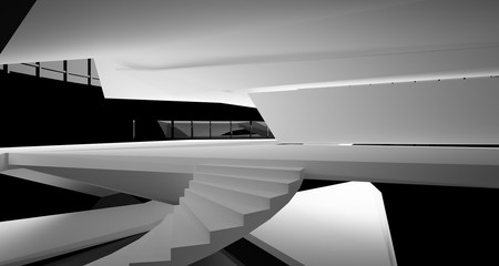 Abstract architectural white and black gloss interior of a minimalist house with large windows.. 3D illustration and rendering.