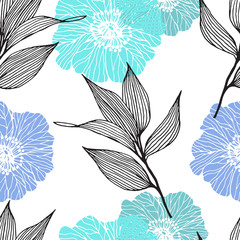 Fototapeta premium floral seamless pattern with leaves and flowers in hand drawn style. Vector illustration for paper, textile, wallpaper and wrapping.