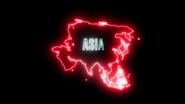 neon map of Asia continent. Shiny, glow light outline of Asian geography. 