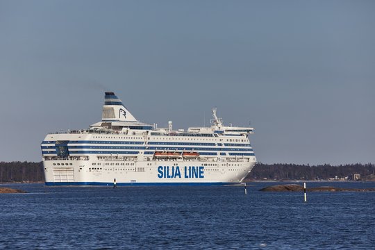 HELSINKI, FINLAND - MARCH 30, 2017: Silja Line ferryarriving in port in Helsinki. Poviding a link between Sweden and Finland.