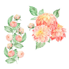 Watercolor set with pink yellow dahlia arrangement bouquets. Could be used for autumn greetings, invites, wedding, web design, hime and textile floral decor