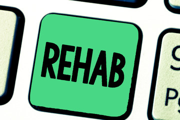 Word writing text Rehab. Business concept for course treatment for drug alcohol dependence typically at residential.