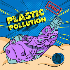 Stop Plastic Pollution warning pop-art concept image with an octopus trapped inside crumpled bottle, dying on the bottom of the sea. VECTOR illustration