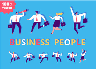Business people running flat vector set. Business team competition. Collection of business people characters in different poses. Success, leadership. Men and women. Flat vector characters.