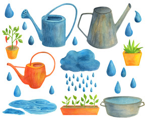 Watercolor garden tools set. Hand drawn seasonal spring summer autumn illustration on white background. Colorful and metal watering cans, pots with seedling plants, cloud with drops of rain water. © Olya Haifisch