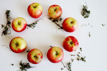Fresh red apples on white, top view. Place for your text.