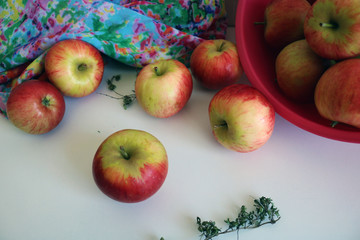 Fresh red apples on white, top view. Place for your text.