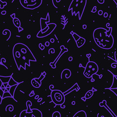 Cute Halloween Purple Line Items Seamless Pattern