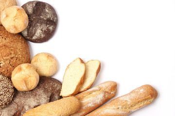 set of different type of bread on a white background top view.
