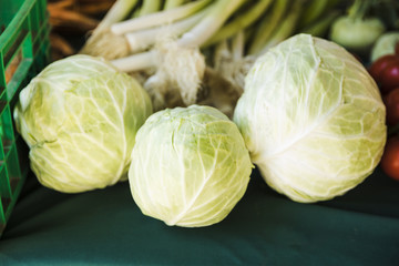 Close-up of fresh organic cabbage at farmers market