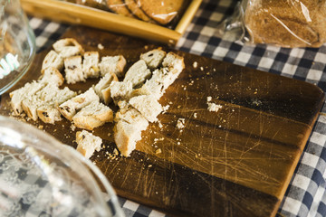 Slice of bread on cutting board at market stall