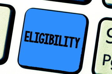 Handwriting text writing Eligibility. Concept meaning State of having the right for doing or obtain something Proper.