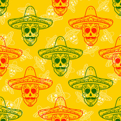 Mexican Sugar Skull with Hat Halloween Seamless Pattern